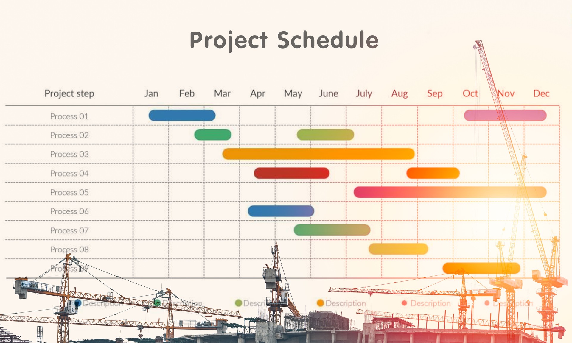 fond abstrait d’affaires du chantier de construction avec des grues à tour et superposition avec le tableau de calendrier de projet et le diagramme de Gantt