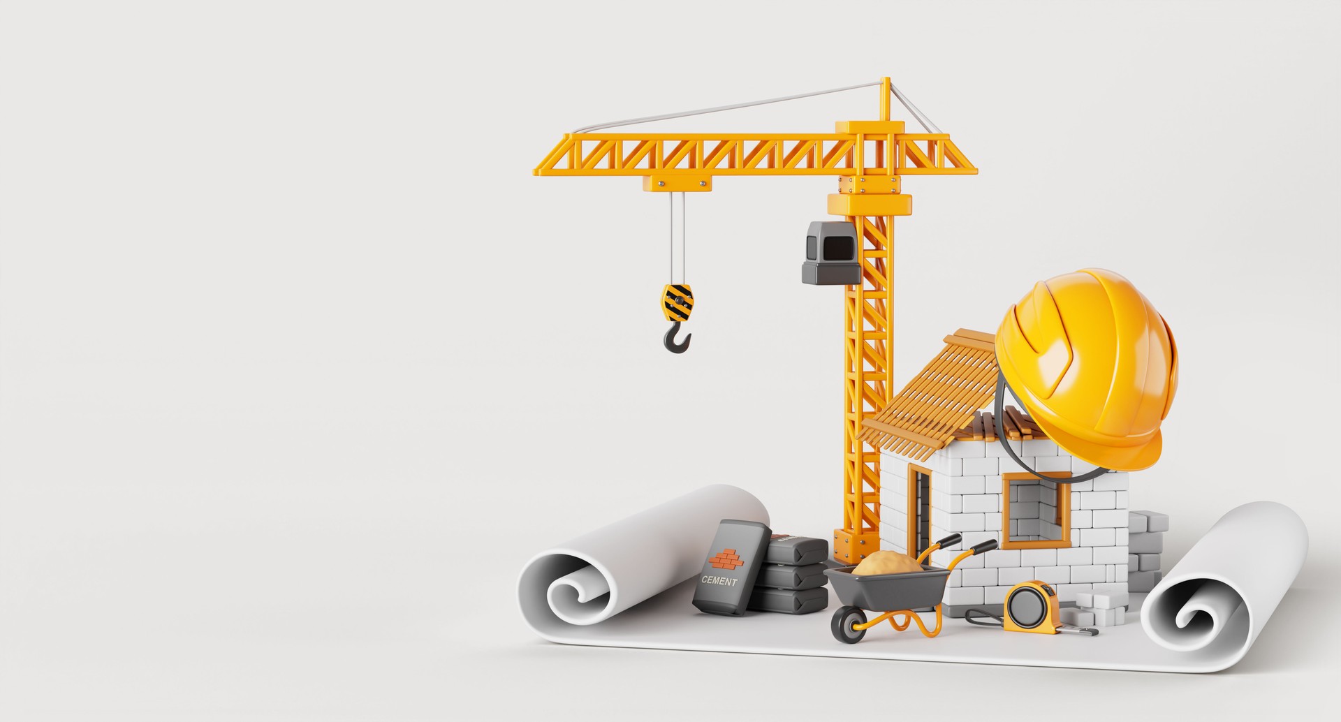 Architecture service banner with house project plan. Construction and engineering works. Cartoon 3d render of building with architect helmet, tape measure and crane on paper blueprint
